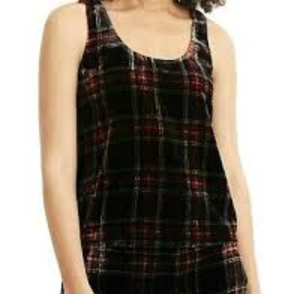 J.Crew Womens Velvet Plaid Tank Top Black Brown Tartan Scoop Neck Size 0